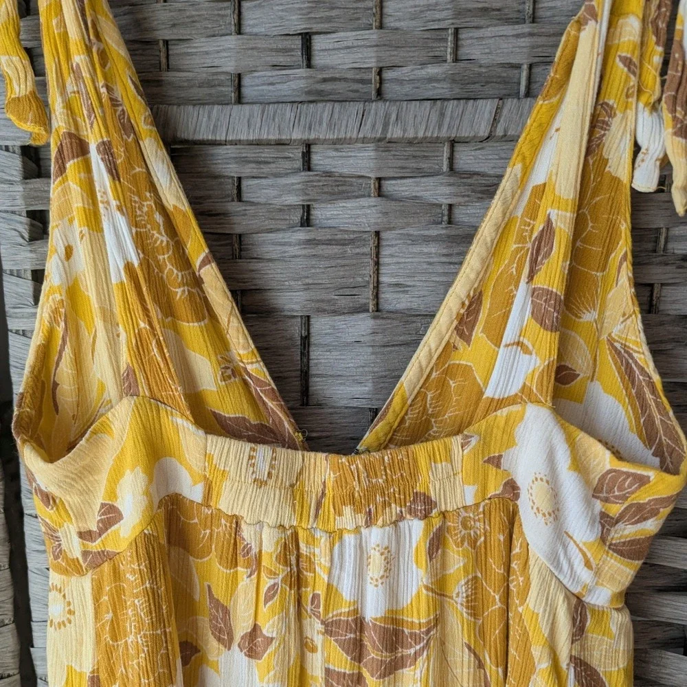 Abercrombie & Fitch Yellow Floral Tie-Strap Tiered Maxi Dress Smocked Boho‎ XS